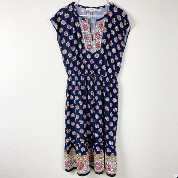 LOFT Navy Blue Floral Drawstring Midi Dress M - Picture 2 of 8